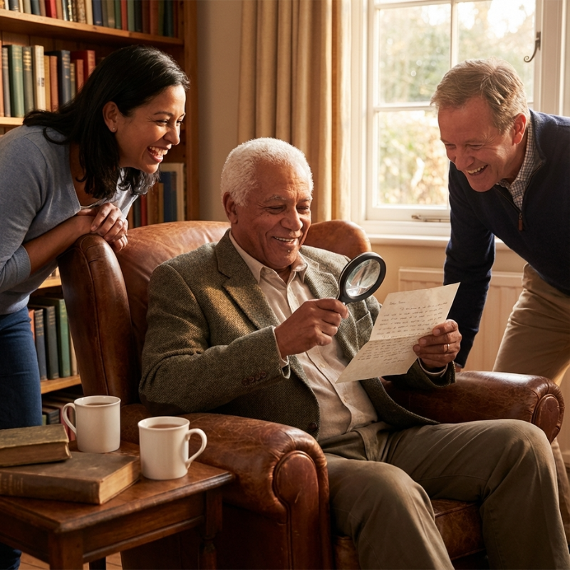 SeeBigger Blue Diamond magnifier given to parent in residential care
