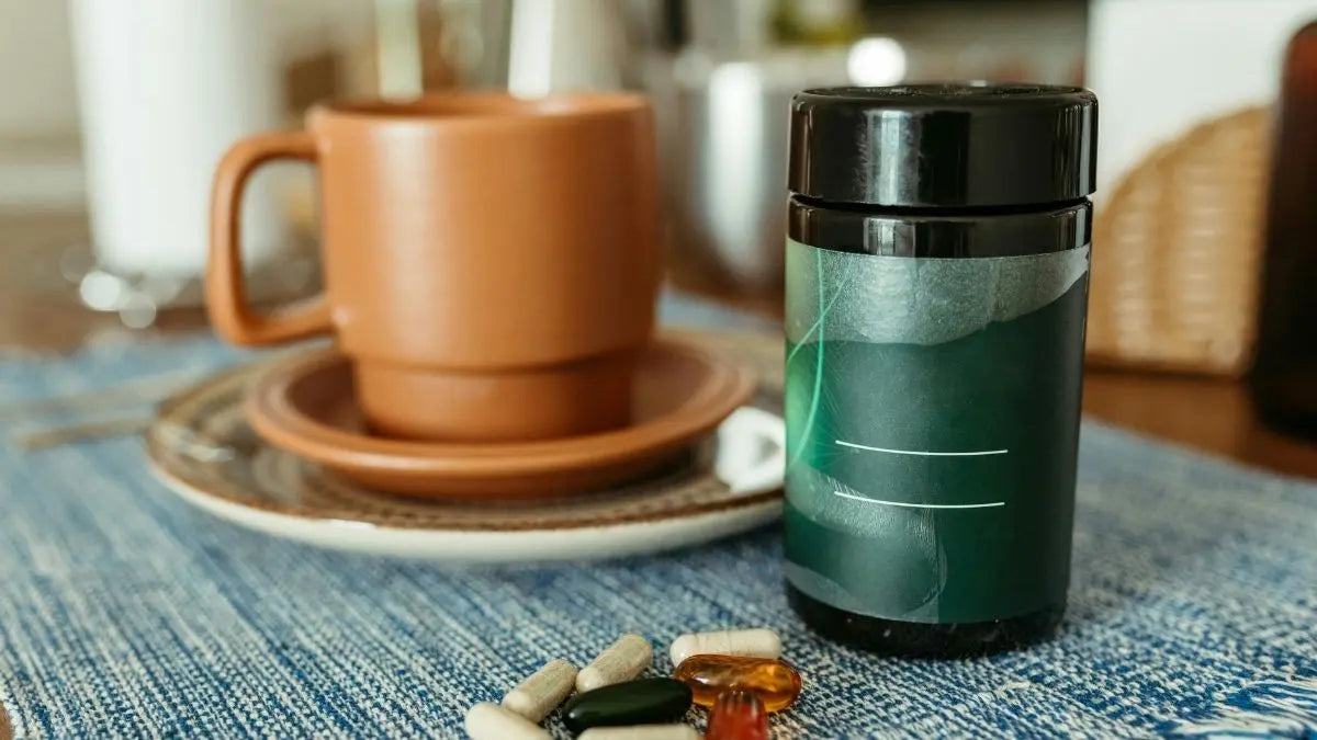 Flat lay eye health supplements capsules bottles