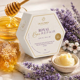 QueenBee Secrets Royal BEE Repair Skin Balm black tin and cream hexagonal box