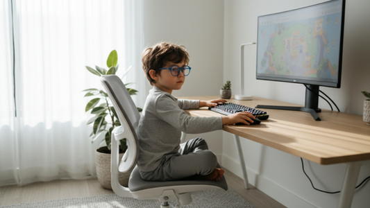 child wearing blue light blocking glasses when using a desktop computer