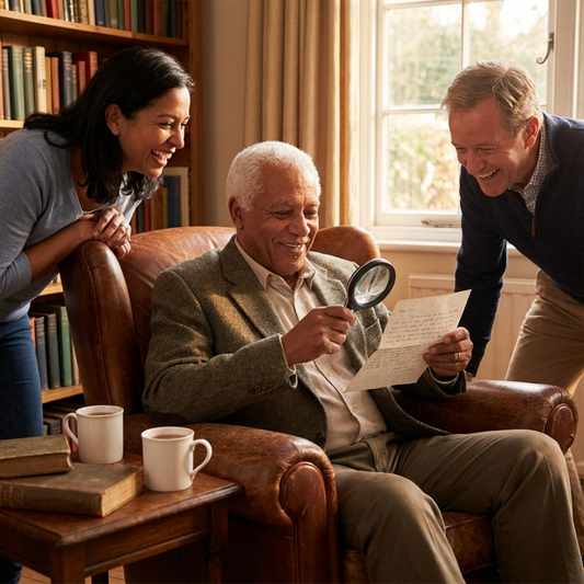 SeeBigger Blue Diamond magnifier given to parent in residential care