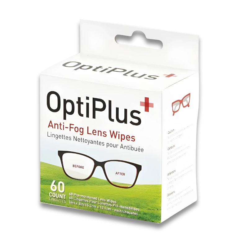 Anti Fog Lens Wipes OptiPlus 60 wipes 8"x 5" Pre-Moistened for Glasses, Laptops Screens, Smart Phones, Optical Lens