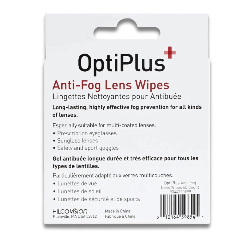 Anti Fog Lens Wipes OptiPlus 60 wipes 8"x 5" Pre-Moistened for Glasses, Laptops Screens, Smart Phones, Optical Lens