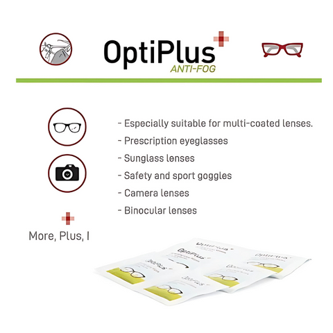 Anti fog lens wipes | OptiPlus 60 wipes 8"x 5" pre-moistened for glasses, laptops screens, phones, optical lens