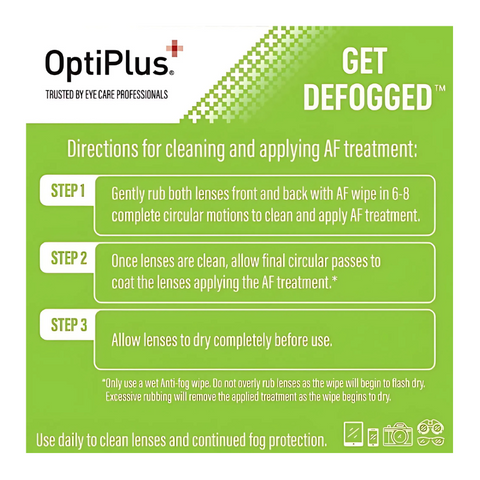 Anti fog lens wipes | OptiPlus 60 wipes 8"x 5" pre-moistened for glasses, laptops screens, phones, optical lens