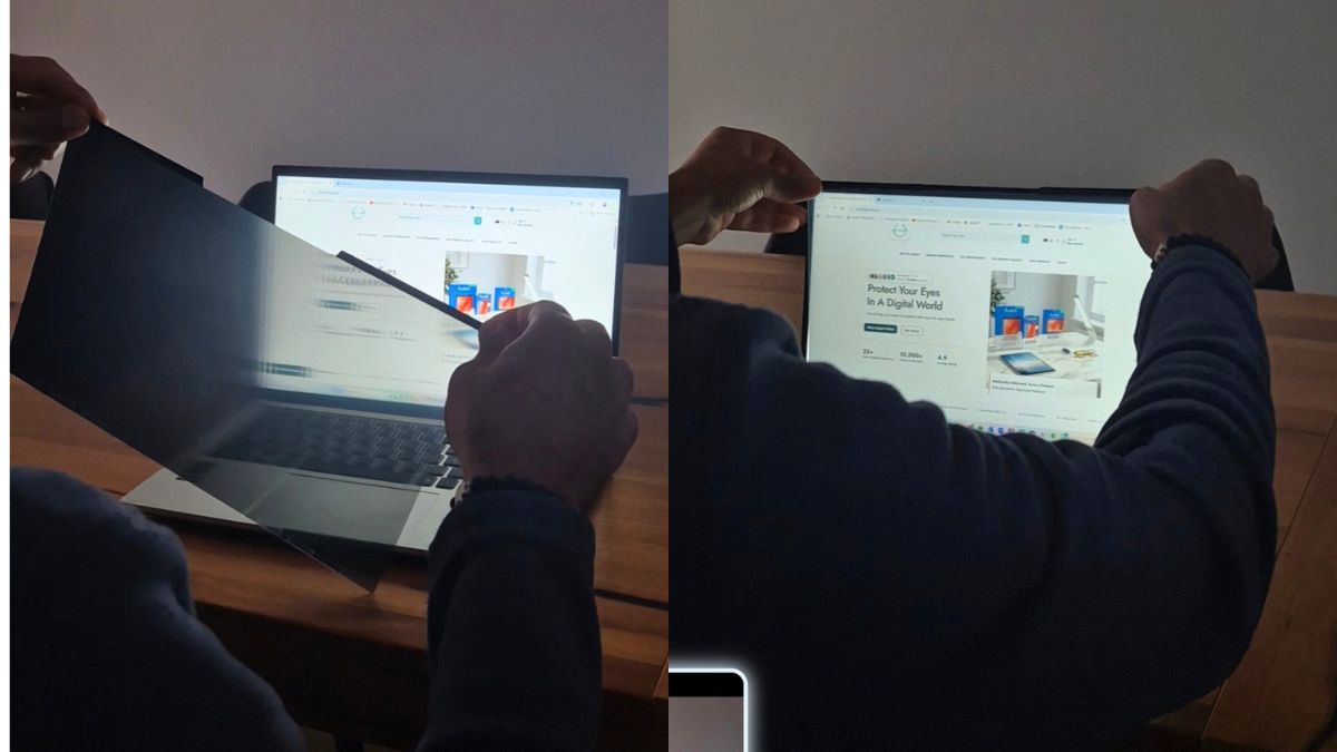 Fitting an Ocushield blue light privacy filter onto a MacBook screen