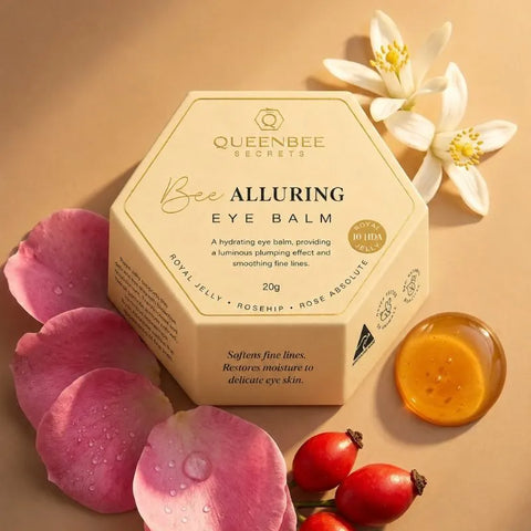 QueenBee Secrets BEE Alluring Eye Balm 20g gold tin with cream hexagonal box
