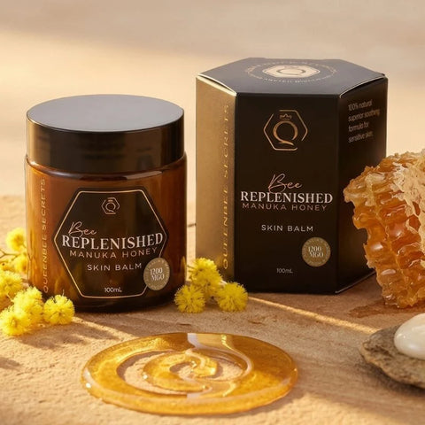 QueenBee Secrets BEE Replenished Manuka Honey Skin Balm 100g amber jar and black hexagonal box
