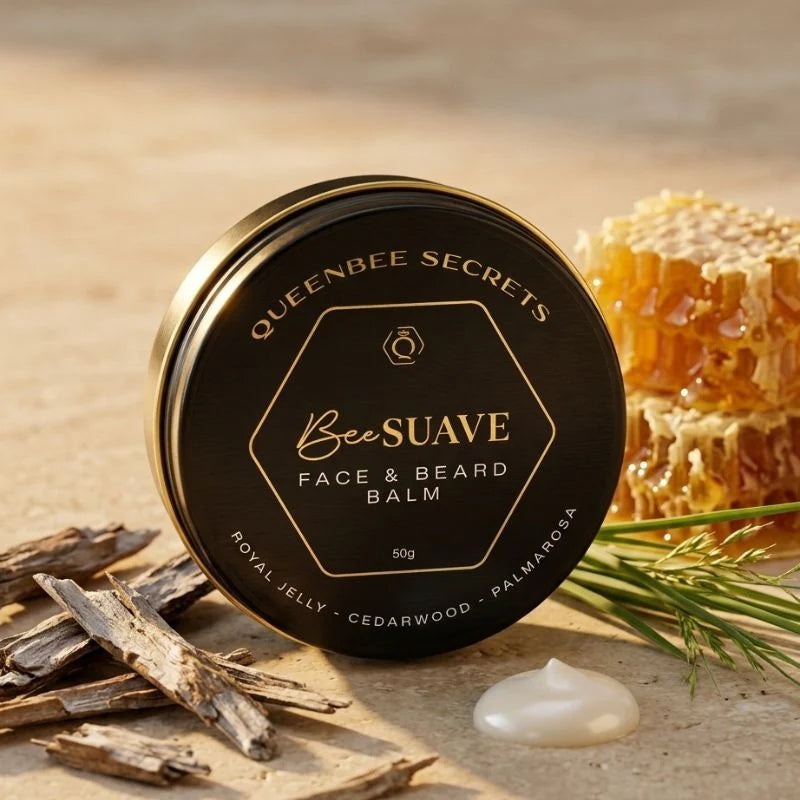 QueenBee Secrets BEE Suave Face and Beard Balm 50g black tin and black hexagonal box