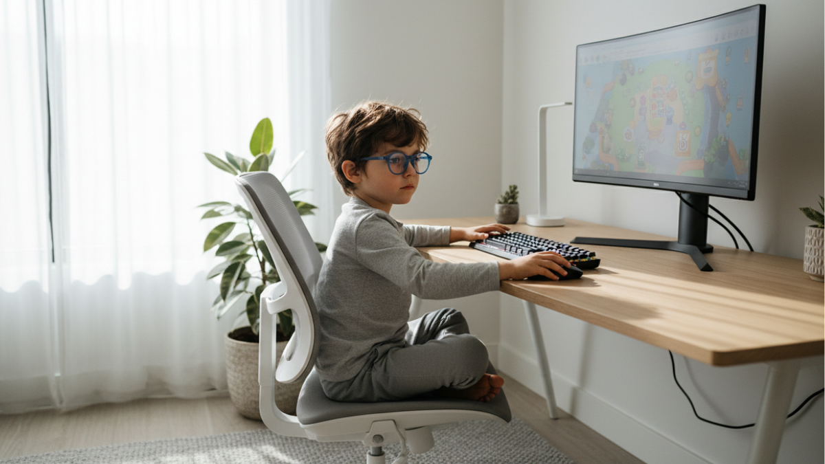 Blue light glasses being used by child using a computer first view