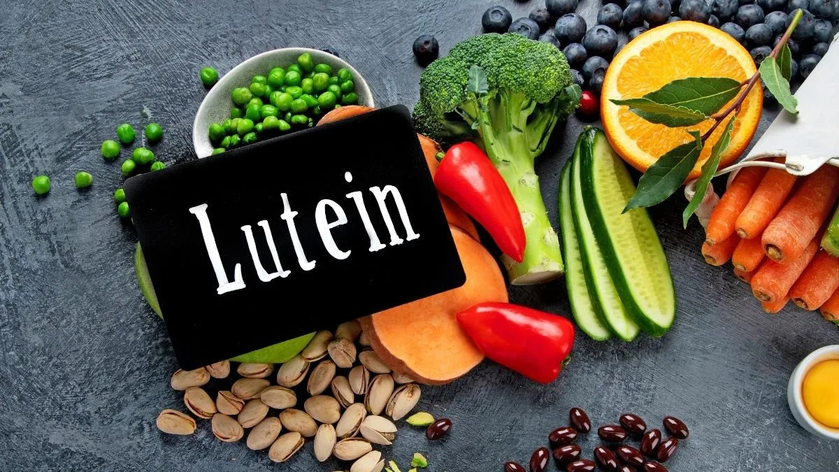 Lutein rich greens and eye supplements flat lay