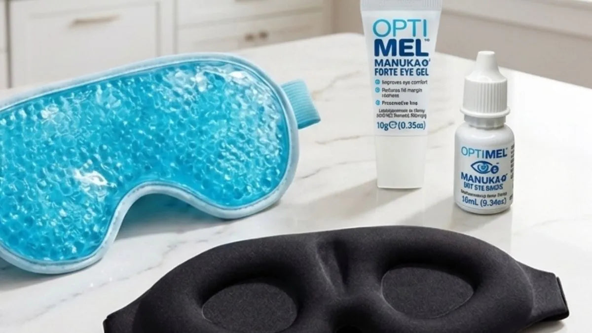 Nighttime eye gel and sleep mask on a bedside table